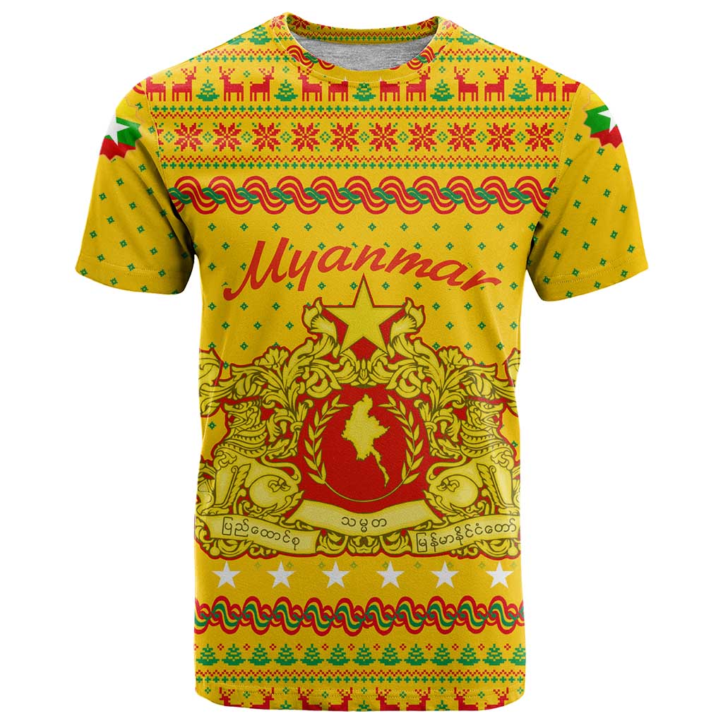 Myanmar Christmas T Shirt with Yellow-Red-Green Theme, National Emblem, and Star Motif - Wonder Print Shop