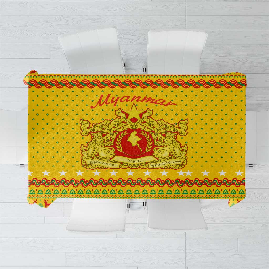 Myanmar Christmas Tablecloth with Yellow-Red-Green Theme, National Emblem, and Star Motif - Wonder Print Shop
