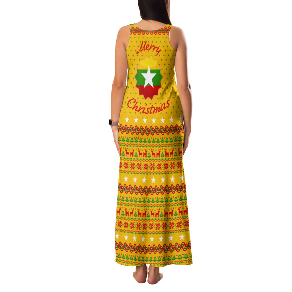 Myanmar Christmas Tank Maxi Dress with Yellow-Red-Green Theme, National Emblem, and Star Motif - Wonder Print Shop