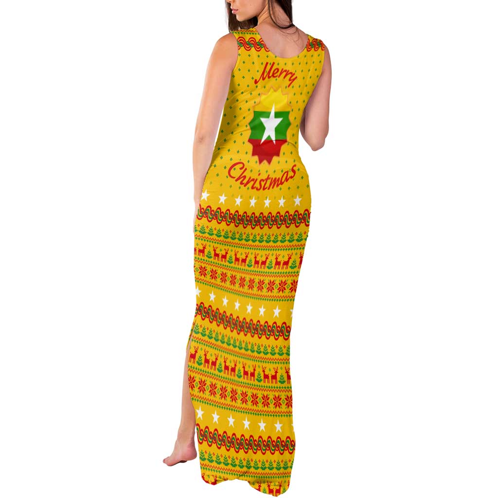 Myanmar Christmas Tank Maxi Dress with Yellow-Red-Green Theme, National Emblem, and Star Motif - Wonder Print Shop