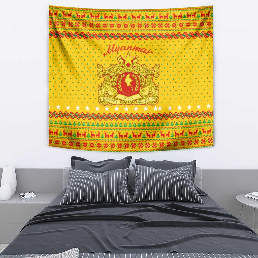 Myanmar Christmas Tapestry with Yellow-Red-Green Theme, National Emblem, and Star Motif - Wonder Print Shop