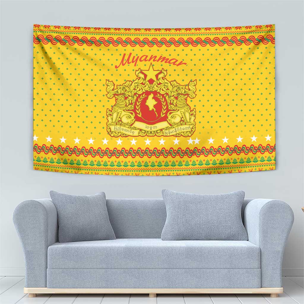 Myanmar Christmas Tapestry with Yellow-Red-Green Theme, National Emblem, and Star Motif - Wonder Print Shop