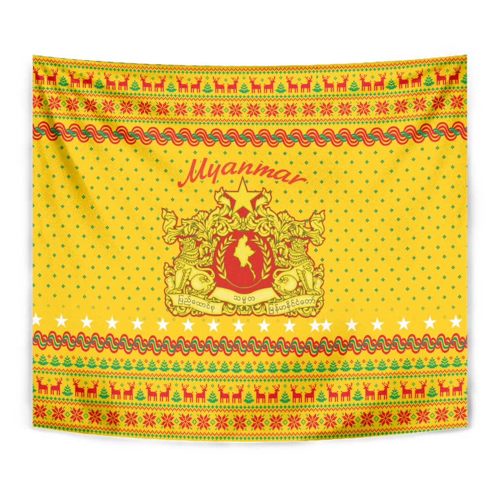 Myanmar Christmas Tapestry with Yellow-Red-Green Theme, National Emblem, and Star Motif - Wonder Print Shop