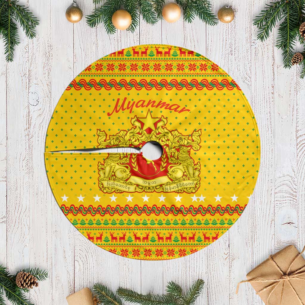 Myanmar Christmas Tree Skirt with Yellow-Red-Green Theme, National Emblem, and Star Motif - Wonder Print Shop