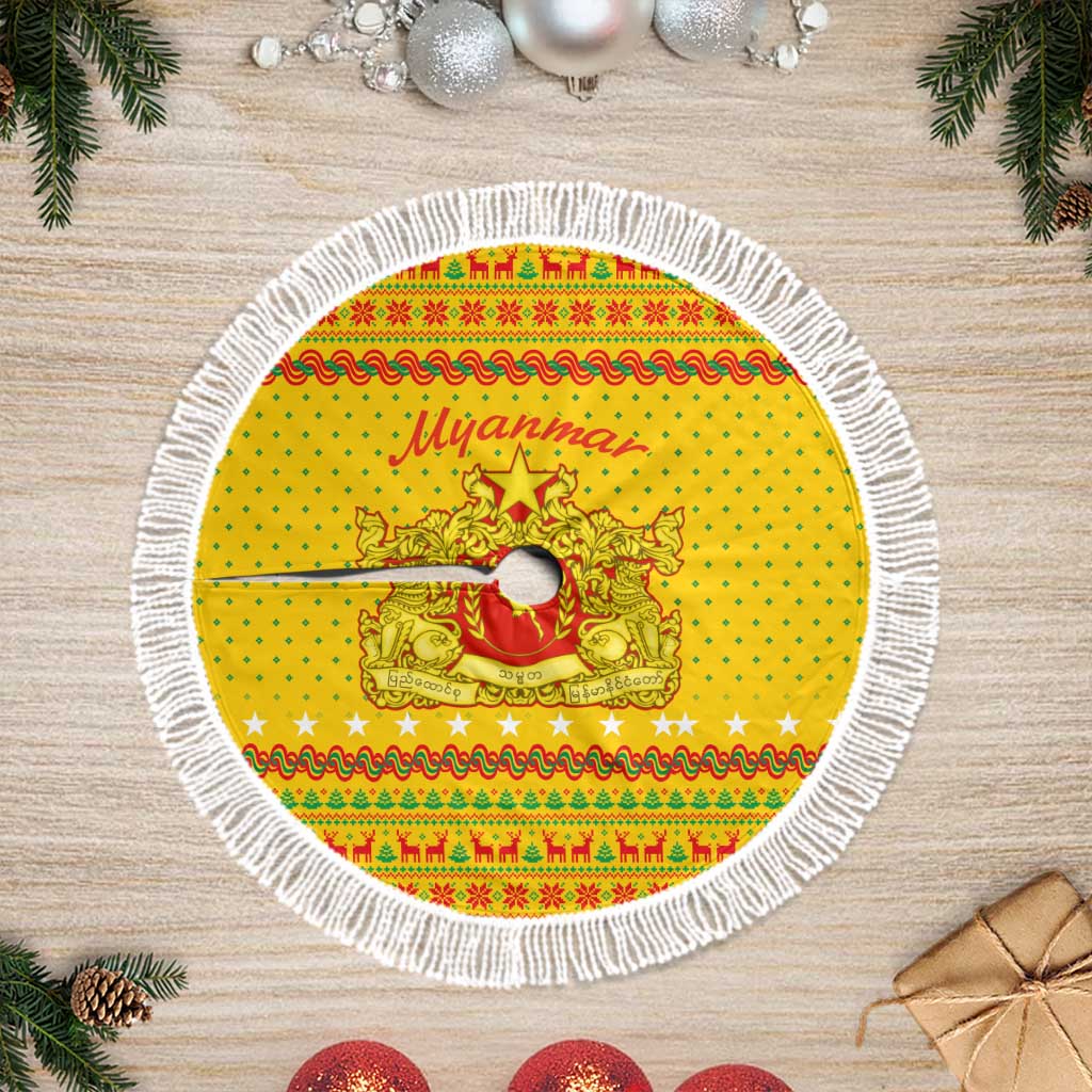 Myanmar Christmas Tree Skirt with Yellow-Red-Green Theme, National Emblem, and Star Motif - Wonder Print Shop