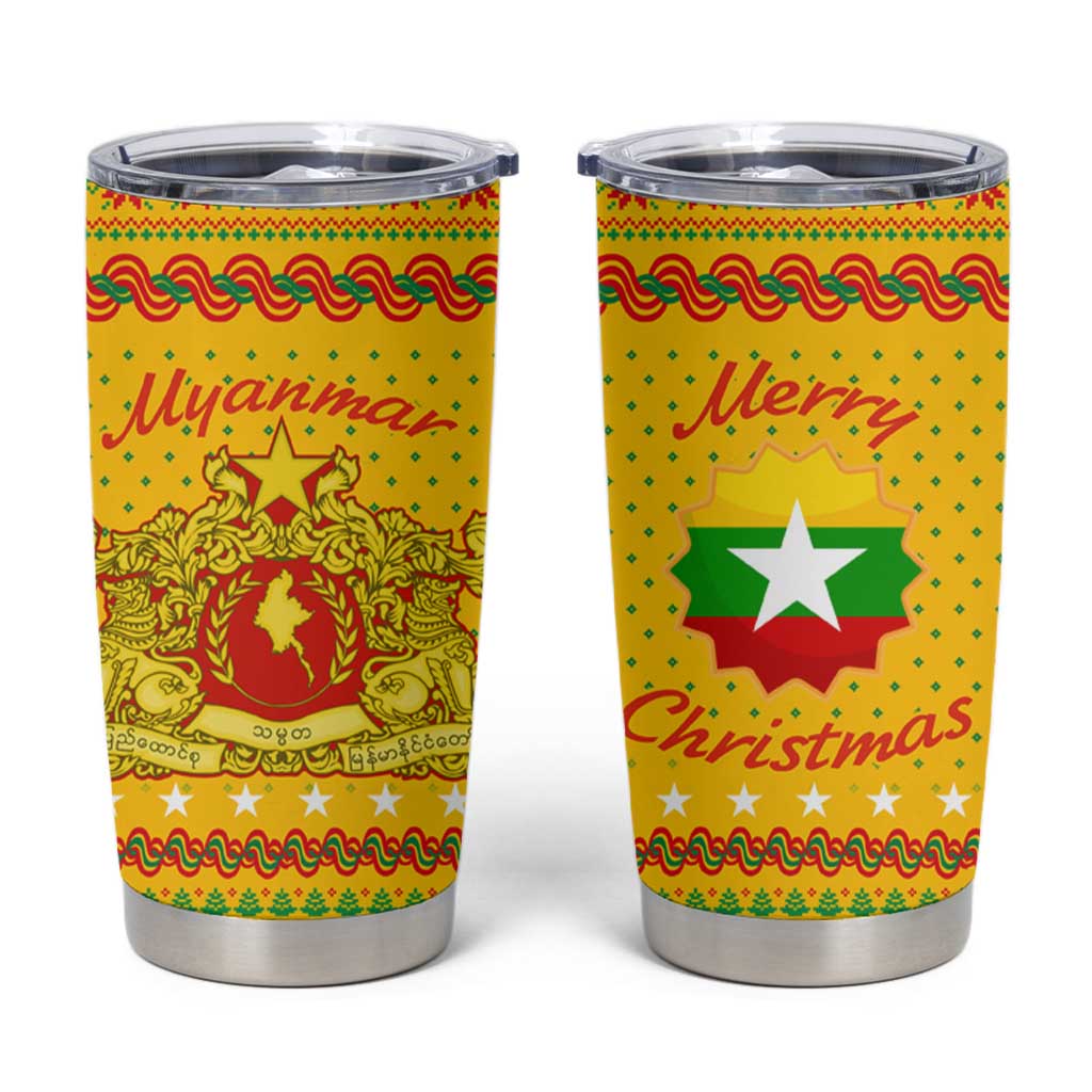 Myanmar Christmas Tumbler Cup with Yellow-Red-Green Theme, National Emblem, and Star Motif - Wonder Print Shop