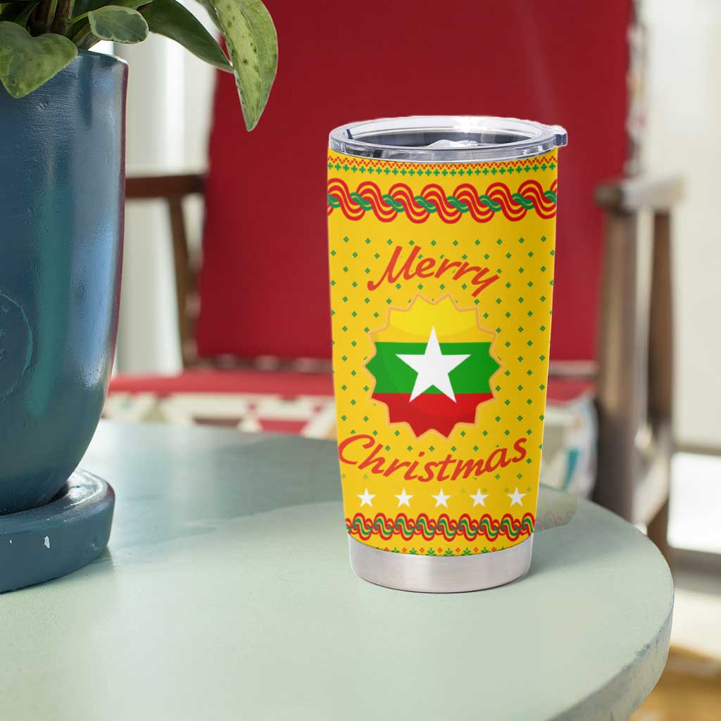 Myanmar Christmas Tumbler Cup with Yellow-Red-Green Theme, National Emblem, and Star Motif - Wonder Print Shop