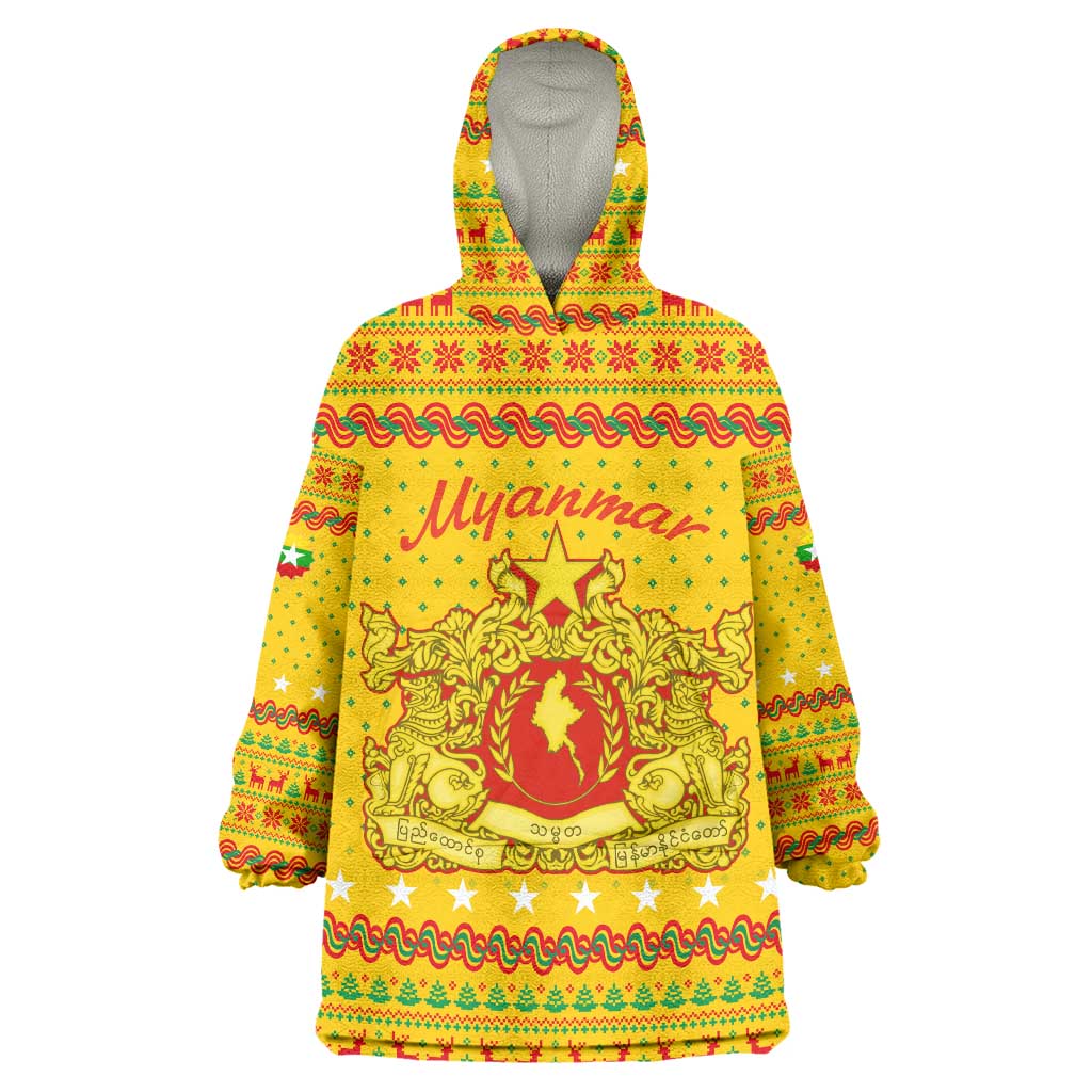 Myanmar Christmas Wearable Blanket Hoodie with Yellow-Red-Green Theme, National Emblem, and Star Motif - Wonder Print Shop