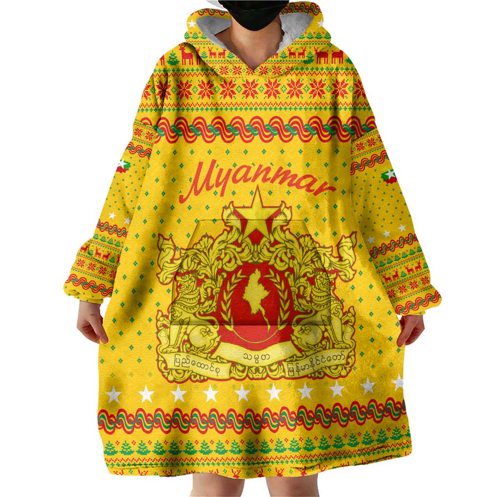 Myanmar Christmas Wearable Blanket Hoodie with Yellow-Red-Green Theme, National Emblem, and Star Motif - Wonder Print Shop