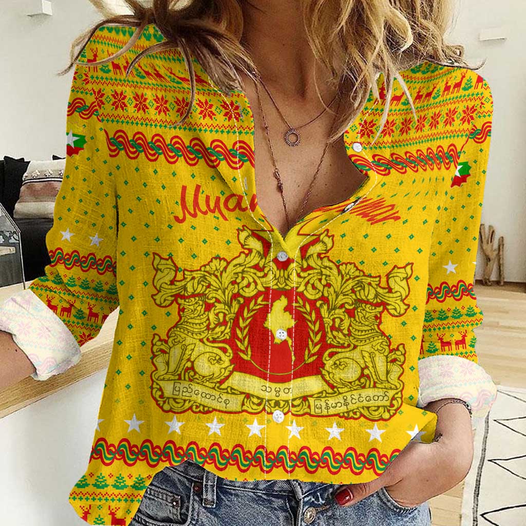 Myanmar Christmas Women Casual Shirt with Yellow-Red-Green Theme, National Emblem, and Star Motif - Wonder Print Shop