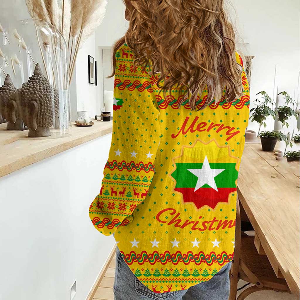Myanmar Christmas Women Casual Shirt with Yellow-Red-Green Theme, National Emblem, and Star Motif - Wonder Print Shop