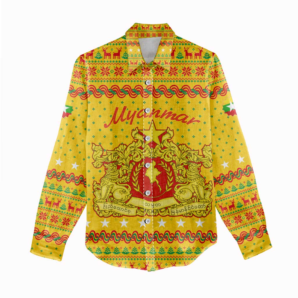 Myanmar Christmas Women Casual Shirt with Yellow-Red-Green Theme, National Emblem, and Star Motif - Wonder Print Shop