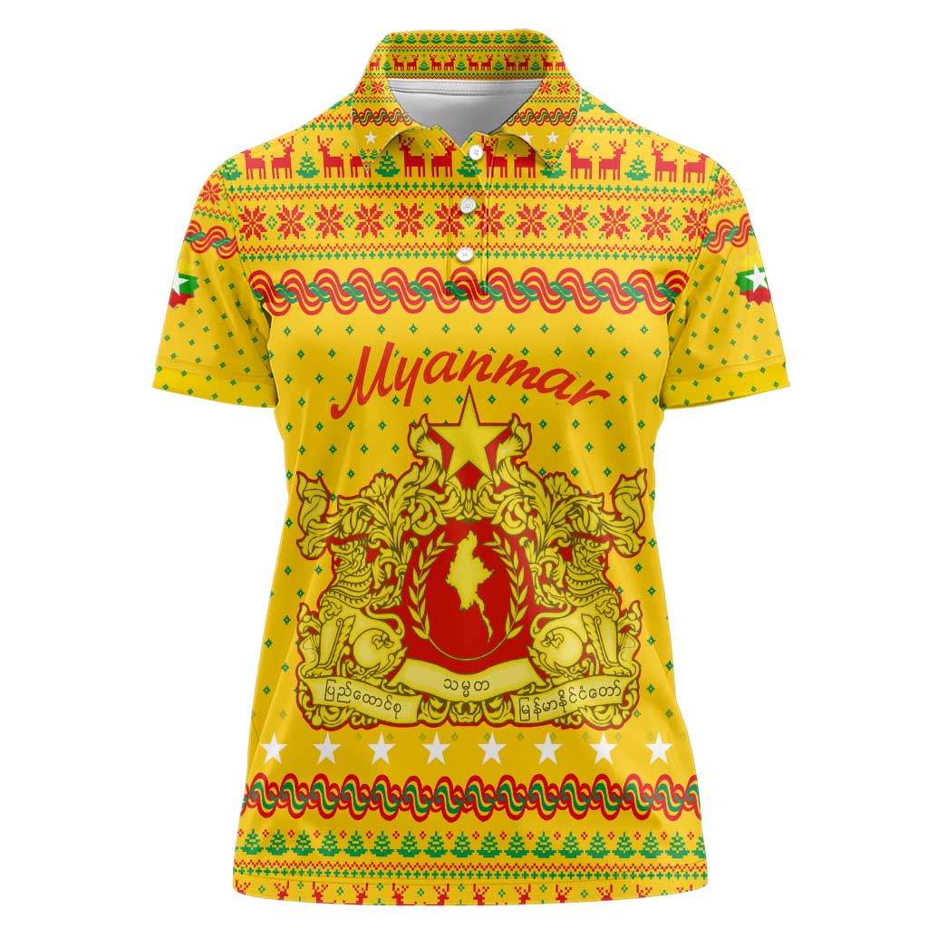 Myanmar Christmas Women Polo Shirt with Yellow-Red-Green Theme, National Emblem, and Star Motif - Wonder Print Shop