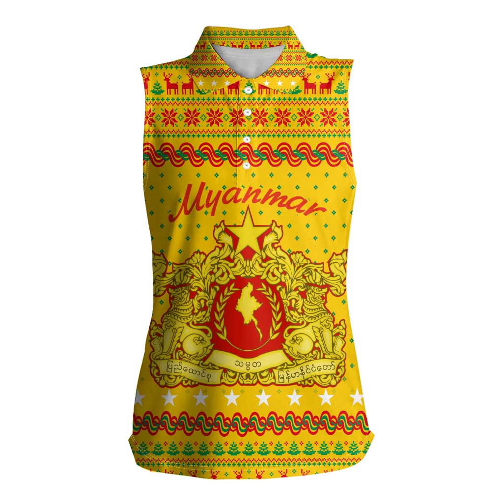 Myanmar Christmas Women Sleeveless Polo Shirt with Yellow-Red-Green Theme, National Emblem, and Star Motif - Wonder Print Shop