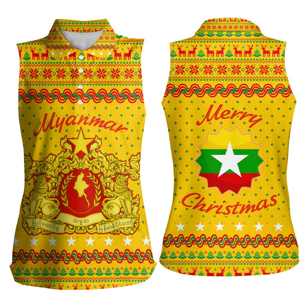 Myanmar Christmas Women Sleeveless Polo Shirt with Yellow-Red-Green Theme, National Emblem, and Star Motif - Wonder Print Shop