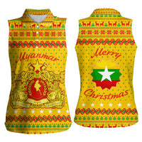 Myanmar Christmas Women Sleeveless Polo Shirt with Yellow-Red-Green Theme, National Emblem, and Star Motif - Wonder Print Shop