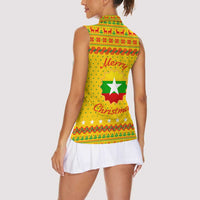 Myanmar Christmas Women Sleeveless Polo Shirt with Yellow-Red-Green Theme, National Emblem, and Star Motif - Wonder Print Shop