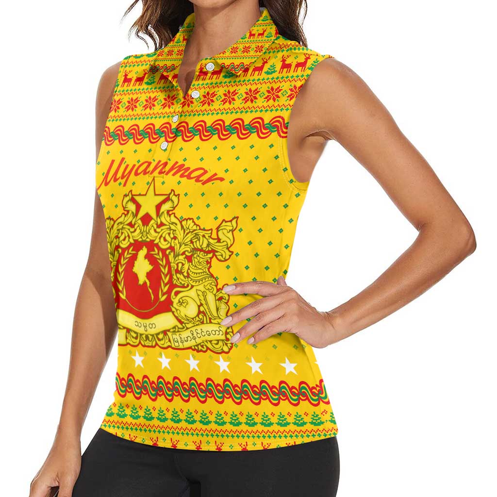 Myanmar Christmas Women Sleeveless Polo Shirt with Yellow-Red-Green Theme, National Emblem, and Star Motif - Wonder Print Shop