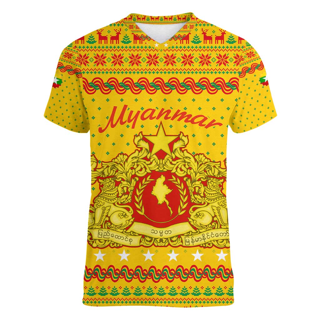 Myanmar Christmas Women V-Neck T-Shirt with Yellow-Red-Green Theme, National Emblem, and Star Motif - Wonder Print Shop