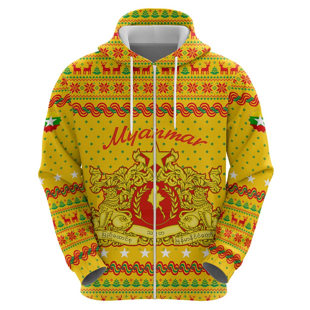 Myanmar Christmas Zip Hoodie with Yellow-Red-Green Theme, National Emblem, and Star Motif - Wonder Print Shop