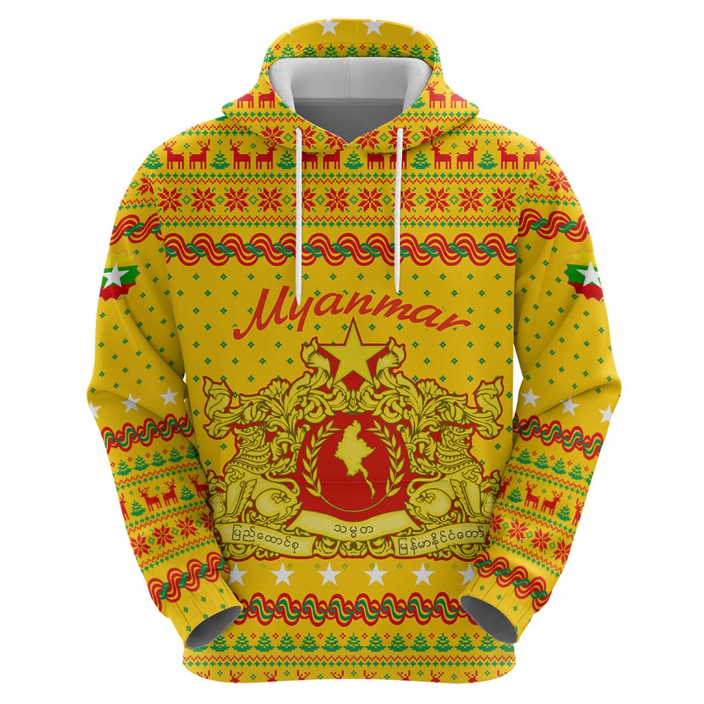 Myanmar Christmas Zip Hoodie with Yellow-Red-Green Theme, National Emblem, and Star Motif - Wonder Print Shop