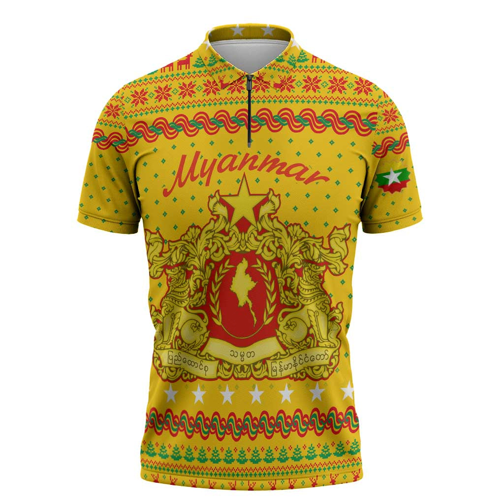 Myanmar Christmas Zipper Polo Shirt with Yellow-Red-Green Theme, National Emblem, and Star Motif - Wonder Print Shop