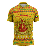 Myanmar Christmas Zipper Polo Shirt with Yellow-Red-Green Theme, National Emblem, and Star Motif - Wonder Print Shop