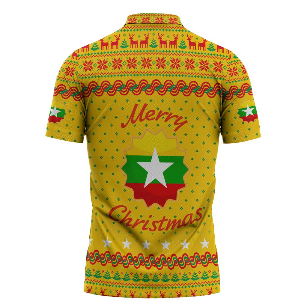 Myanmar Christmas Zipper Polo Shirt with Yellow-Red-Green Theme, National Emblem, and Star Motif - Wonder Print Shop