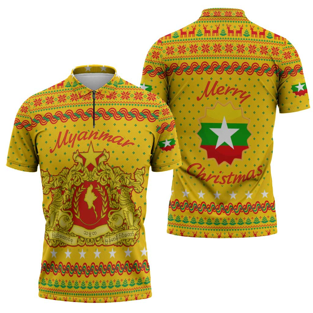 Myanmar Christmas Zipper Polo Shirt with Yellow-Red-Green Theme, National Emblem, and Star Motif - Wonder Print Shop