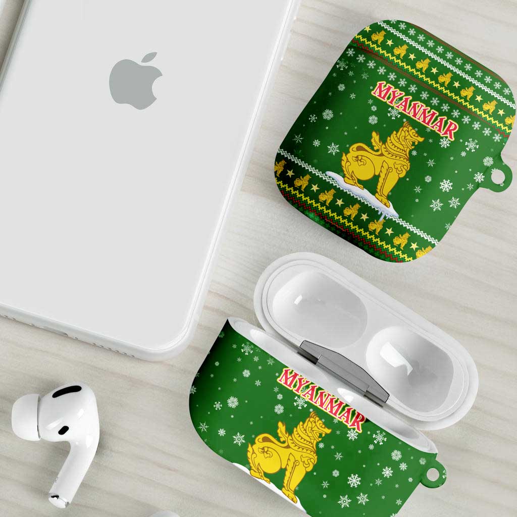 Myanmar Christmas AirPods Case with Green-Gold Theme, Chinthe Lion, and Santa Motif - Wonder Print Shop