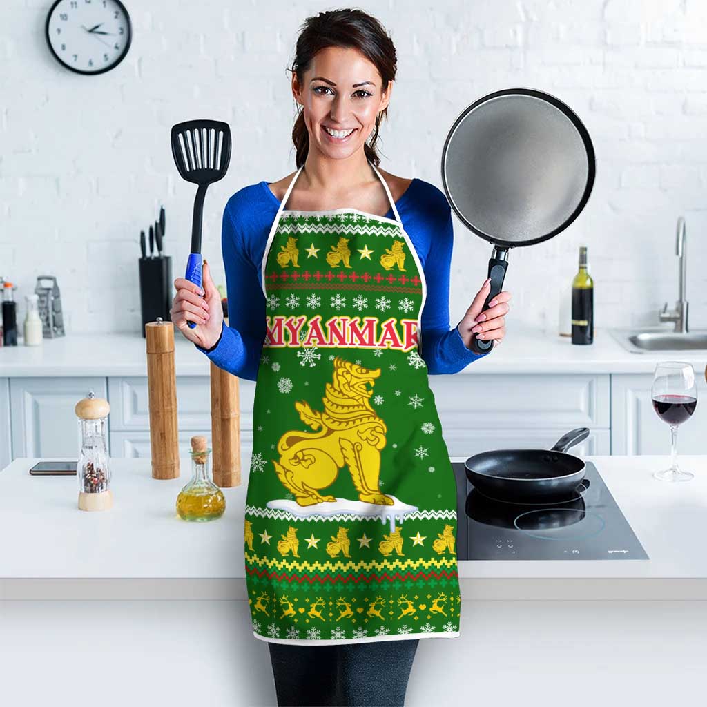 Myanmar Christmas Apron with Green-Gold Theme, Chinthe Lion, and Santa Motif - Wonder Print Shop