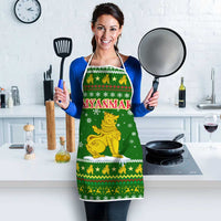 Myanmar Christmas Apron with Green-Gold Theme, Chinthe Lion, and Santa Motif - Wonder Print Shop