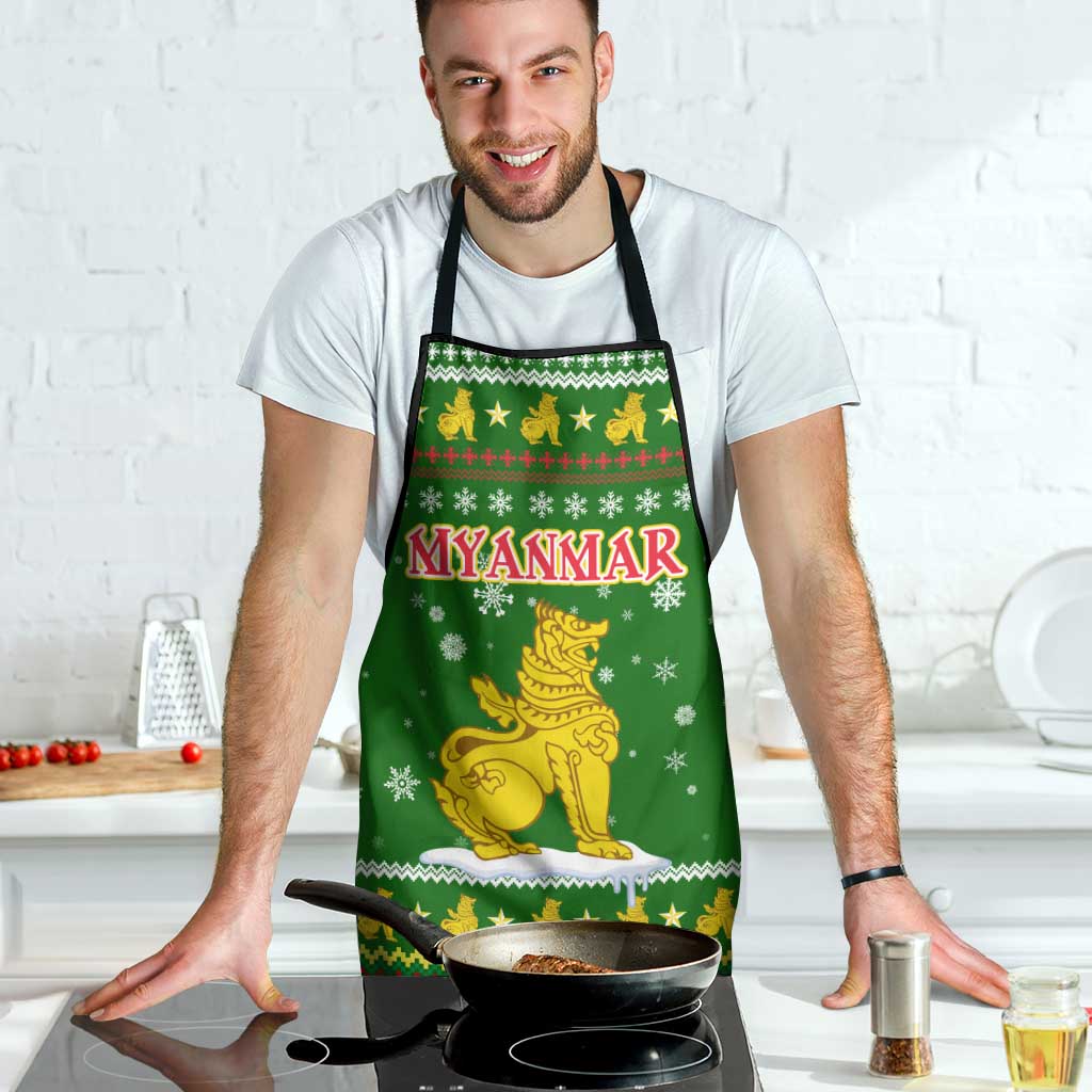 Myanmar Christmas Apron with Green-Gold Theme, Chinthe Lion, and Santa Motif - Wonder Print Shop