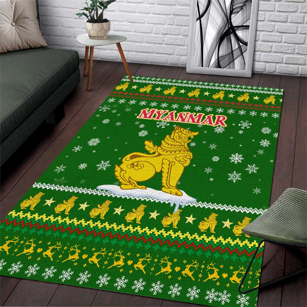 Myanmar Christmas Area Rug with Green-Gold Theme, Chinthe Lion, and Santa Motif - Wonder Print Shop