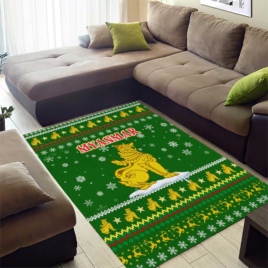 Myanmar Christmas Area Rug with Green-Gold Theme, Chinthe Lion, and Santa Motif - Wonder Print Shop