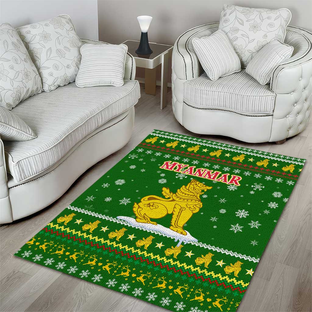 Myanmar Christmas Area Rug with Green-Gold Theme, Chinthe Lion, and Santa Motif - Wonder Print Shop