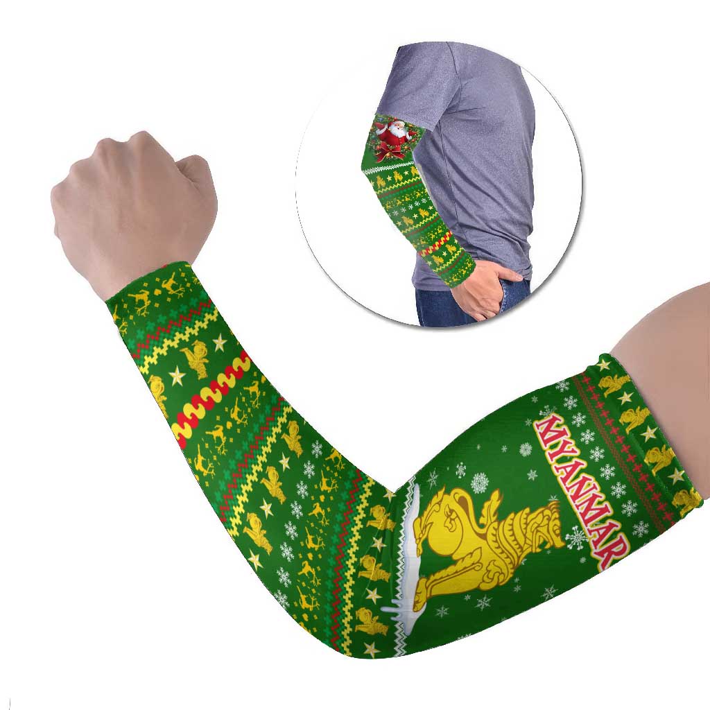 Myanmar Christmas Arm Sleeves with Green-Gold Theme, Chinthe Lion, and Santa Motif - Wonder Print Shop