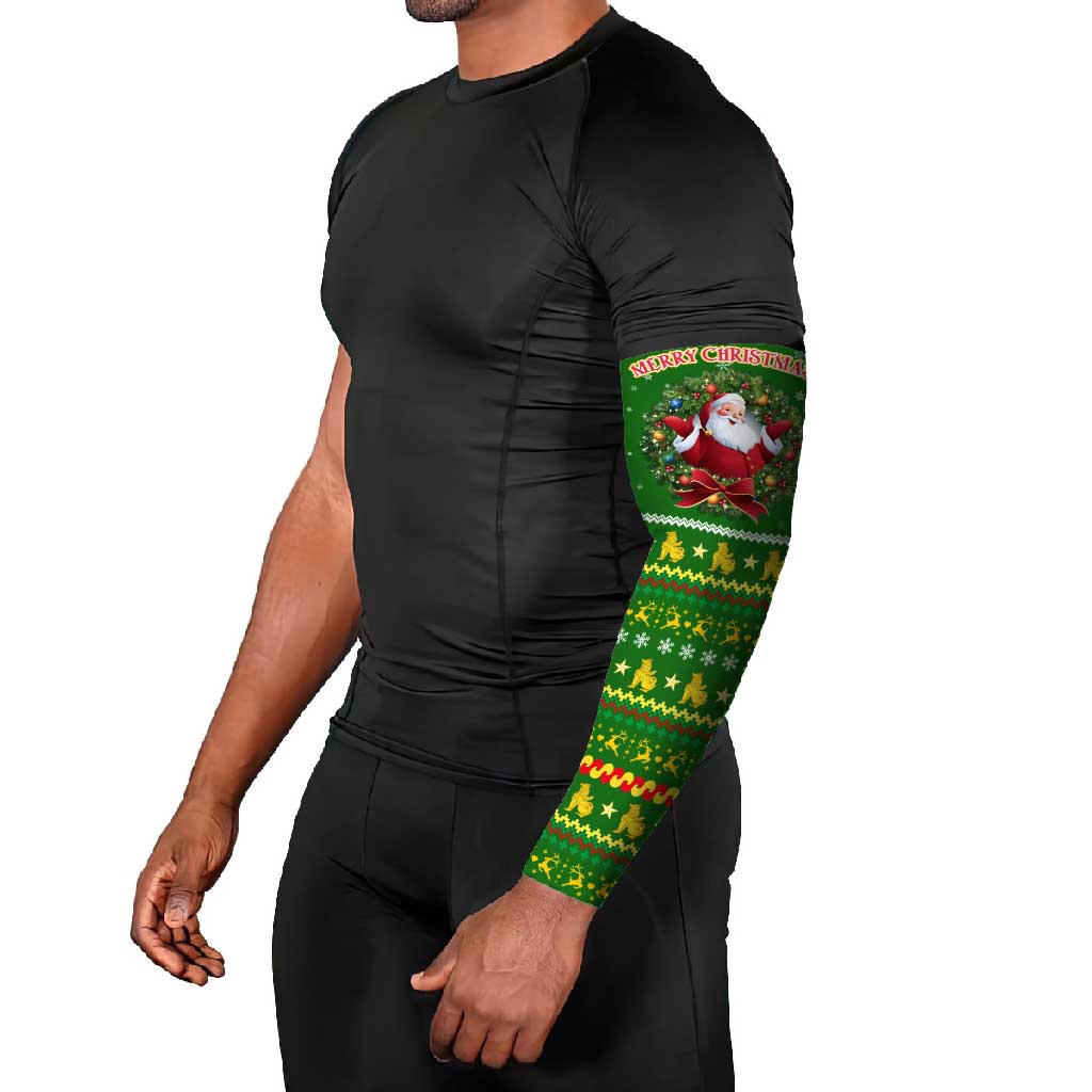 Myanmar Christmas Arm Sleeves with Green-Gold Theme, Chinthe Lion, and Santa Motif - Wonder Print Shop