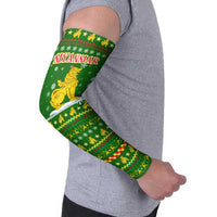 Myanmar Christmas Arm Sleeves with Green-Gold Theme, Chinthe Lion, and Santa Motif - Wonder Print Shop
