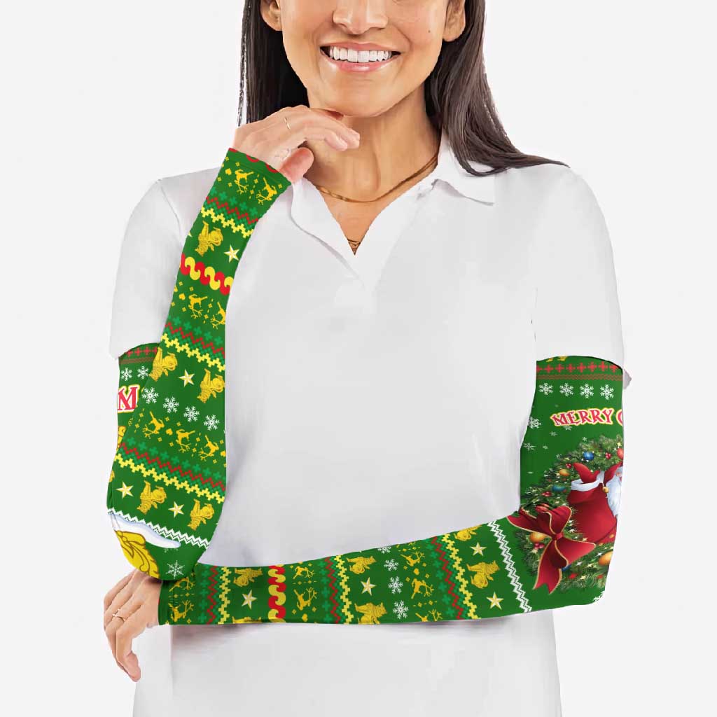 Myanmar Christmas Arm Sleeves with Green-Gold Theme, Chinthe Lion, and Santa Motif - Wonder Print Shop