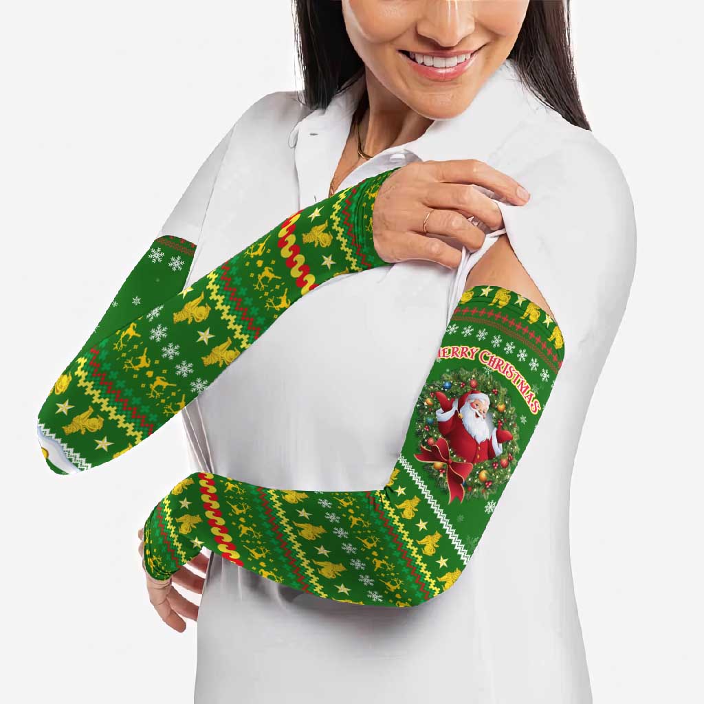Myanmar Christmas Arm Sleeves with Green-Gold Theme, Chinthe Lion, and Santa Motif - Wonder Print Shop