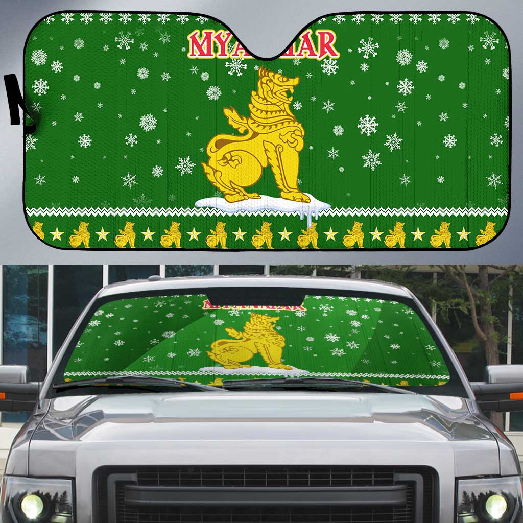 Myanmar Christmas Auto Sun Shade with Green-Gold Theme, Chinthe Lion, and Santa Motif - Wonder Print Shop