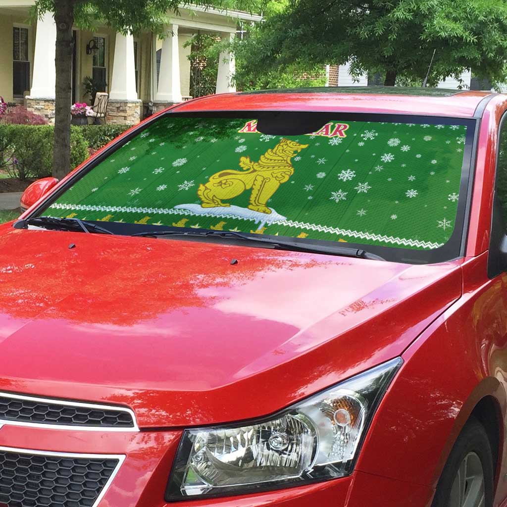 Myanmar Christmas Auto Sun Shade with Green-Gold Theme, Chinthe Lion, and Santa Motif - Wonder Print Shop