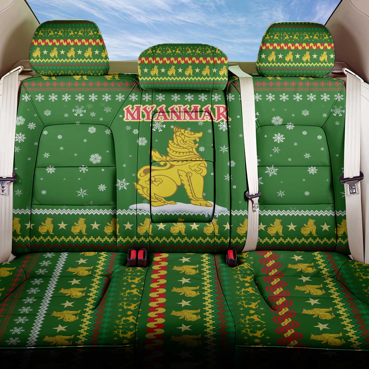 Myanmar Christmas Back Car Seat Cover with Green-Gold Theme, Chinthe Lion, and Santa Motif - Wonder Print Shop