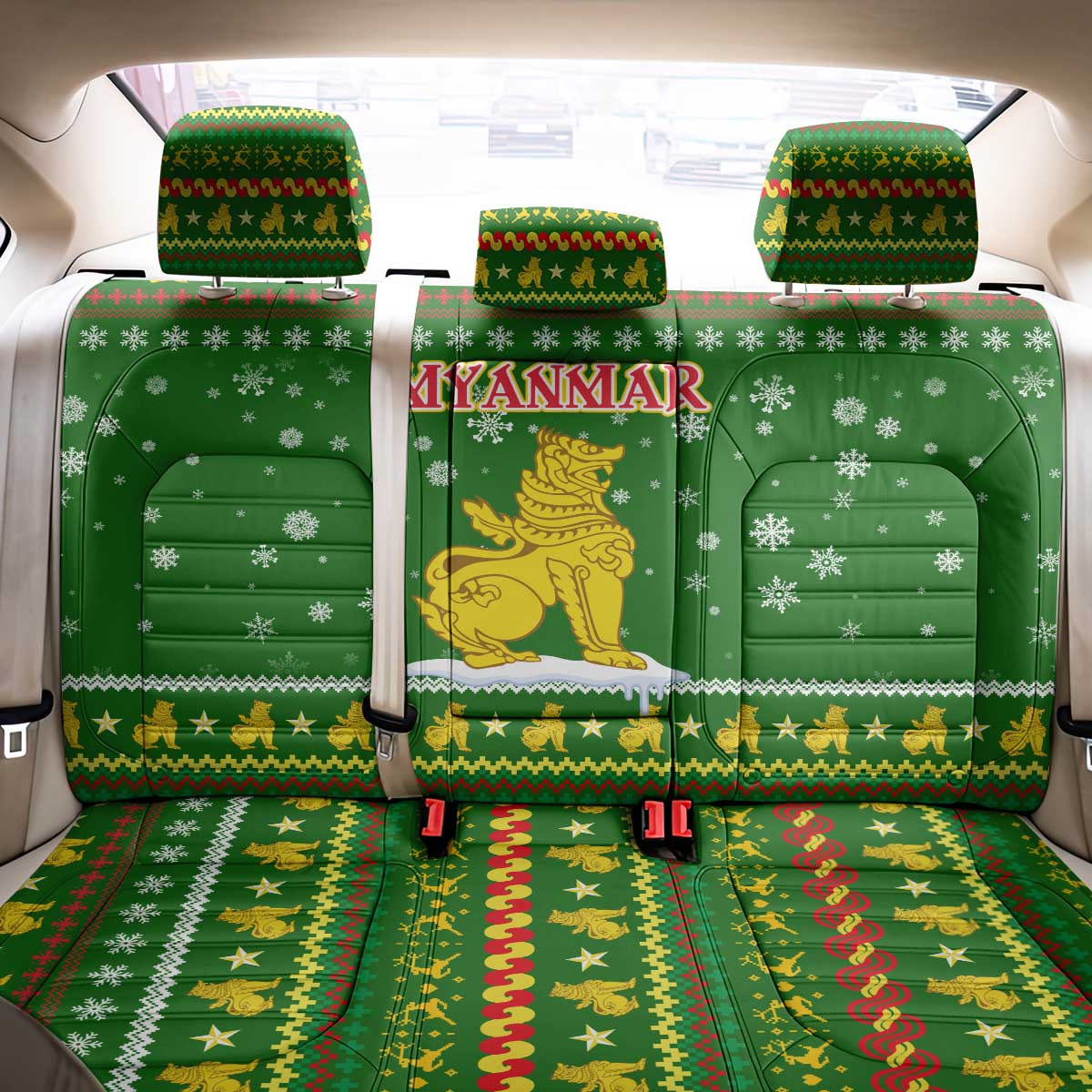 Myanmar Christmas Back Car Seat Cover with Green-Gold Theme, Chinthe Lion, and Santa Motif - Wonder Print Shop