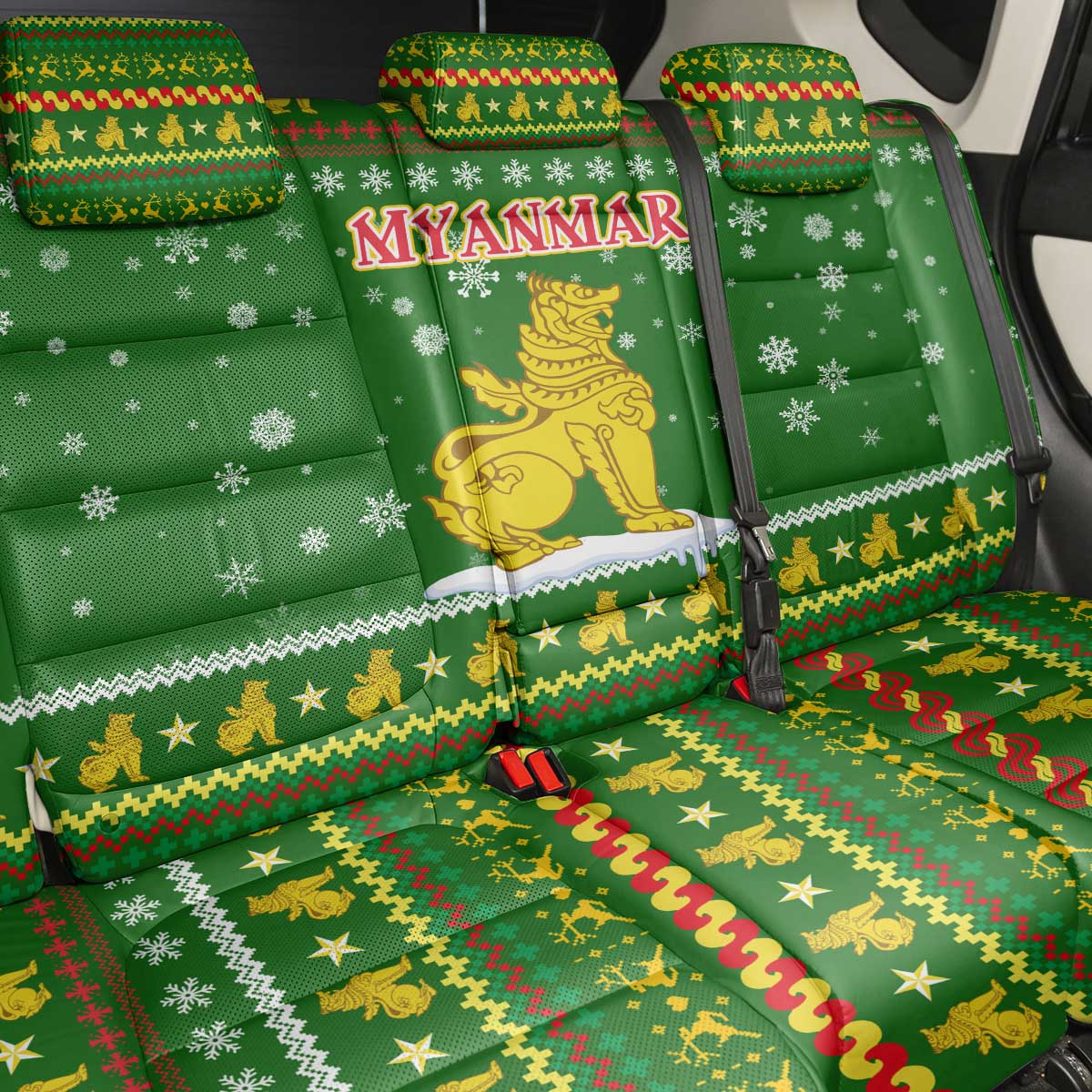 Myanmar Christmas Back Car Seat Cover with Green-Gold Theme, Chinthe Lion, and Santa Motif - Wonder Print Shop