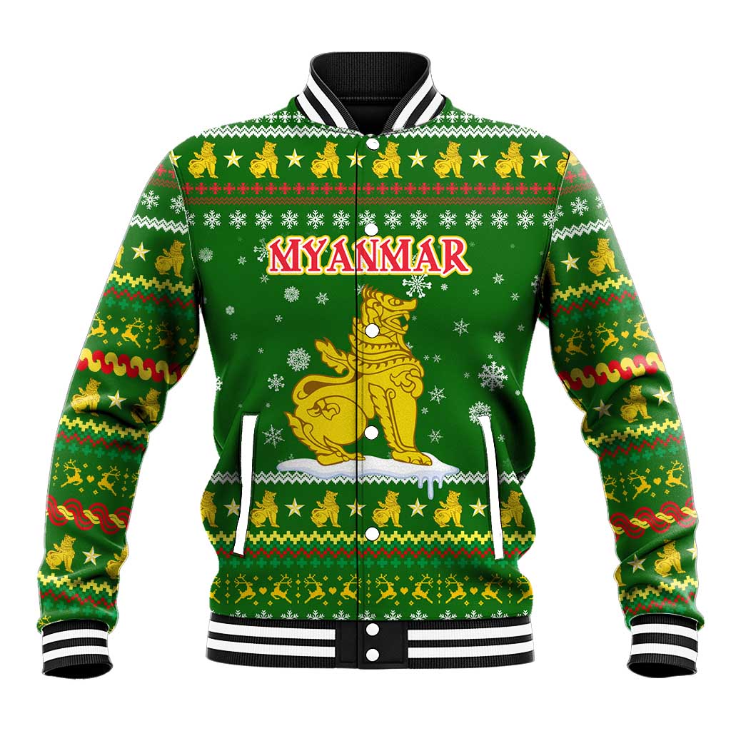 Myanmar Christmas Baseball Jacket with Green-Gold Theme, Chinthe Lion, and Santa Motif - Wonder Print Shop