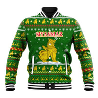 Myanmar Christmas Baseball Jacket with Green-Gold Theme, Chinthe Lion, and Santa Motif - Wonder Print Shop