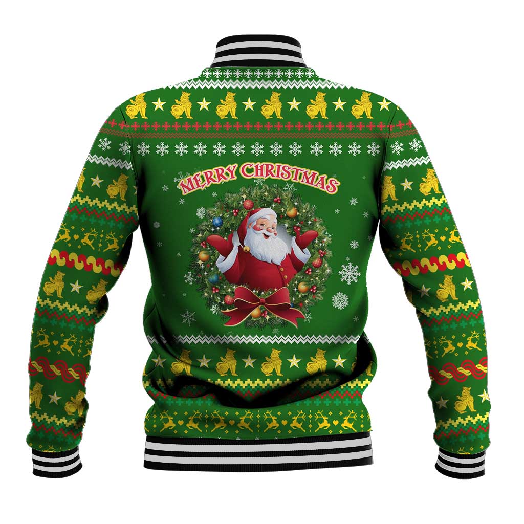 Myanmar Christmas Baseball Jacket with Green-Gold Theme, Chinthe Lion, and Santa Motif - Wonder Print Shop