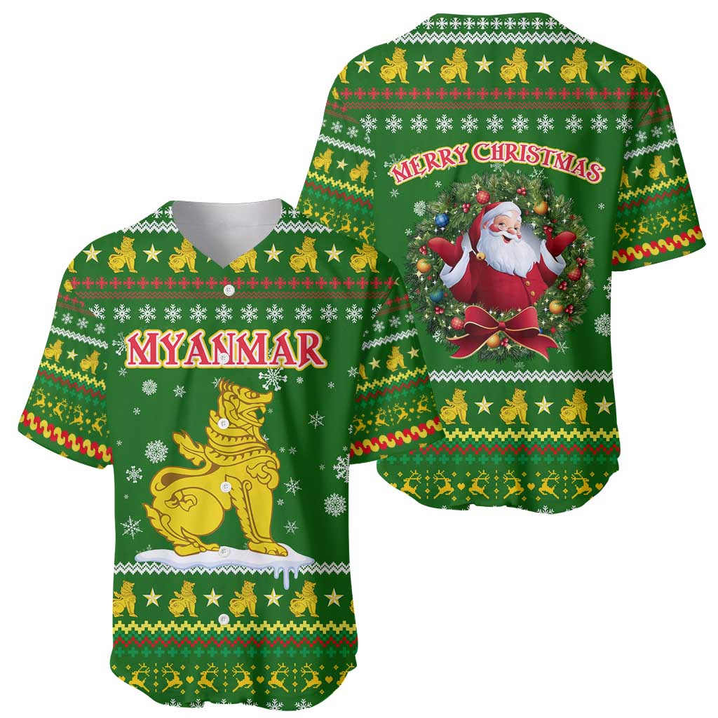 Myanmar Christmas Baseball Jersey with Green-Gold Theme, Chinthe Lion, and Santa Motif - Wonder Print Shop